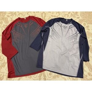 2 Under Armour Heat Gear Fitted Maroon Gray Blue Shirt Men's Medium / Large